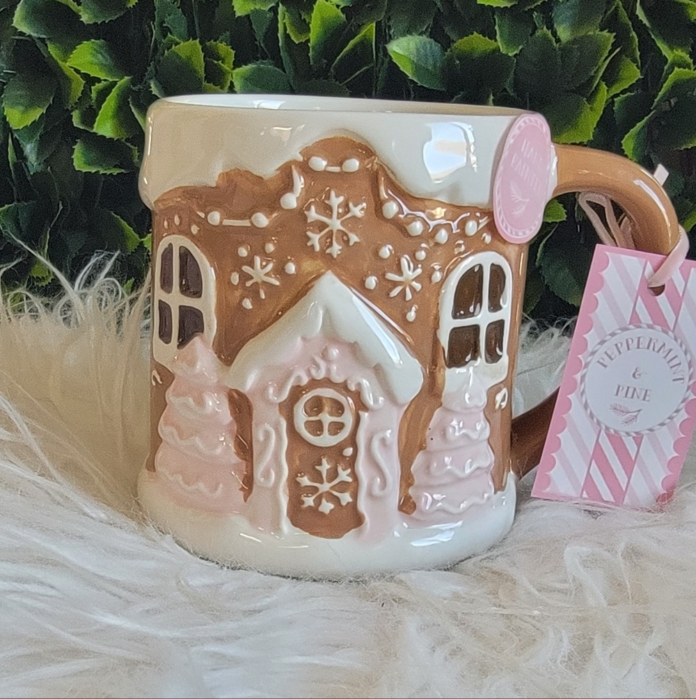 LAST FEW NWT Peppermint and Pine Gingerbread House Mug with Pink Accents